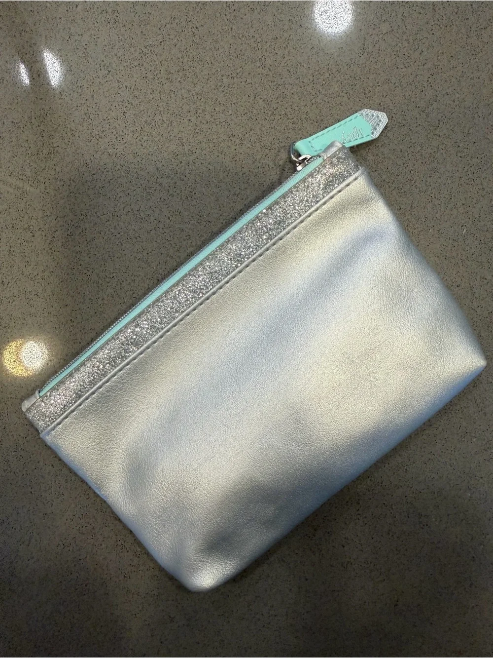 Ipsy Silver Metallic Cosmetic Bag Glitter Trim Mint Zipper Makeup Pouch Travel